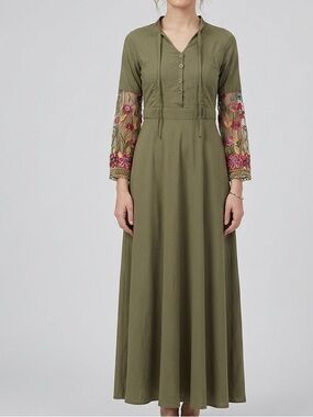 Olive Green Embroidered Long Sleeve Modest Maxi Dress Size Large